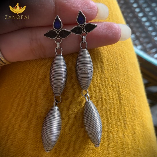 Assamese Traditional Xilikha Earrings|dark blue , black and silver |Pure Silver