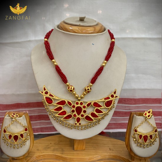 Assamese Traditional Bena Set | Red Golden