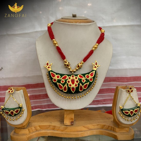 Assamese Traditional Gejera Set | Green Red Golden