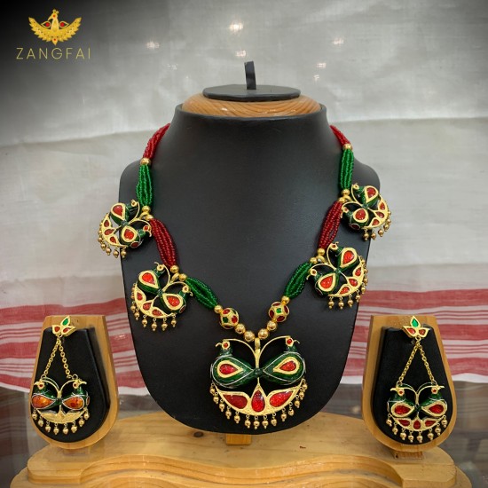 Assamese Traditional Lokaparo Set | Red Green Golden