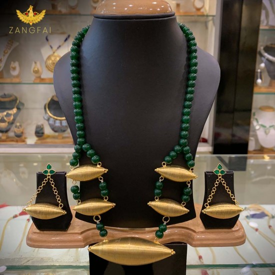 Taar Mohura Set | Pure Silver Gold Dipped Green Beads 
