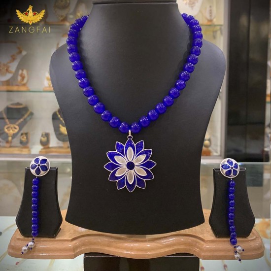 Thuriya Phul Set | Pure Silver | Blue Meenakari 