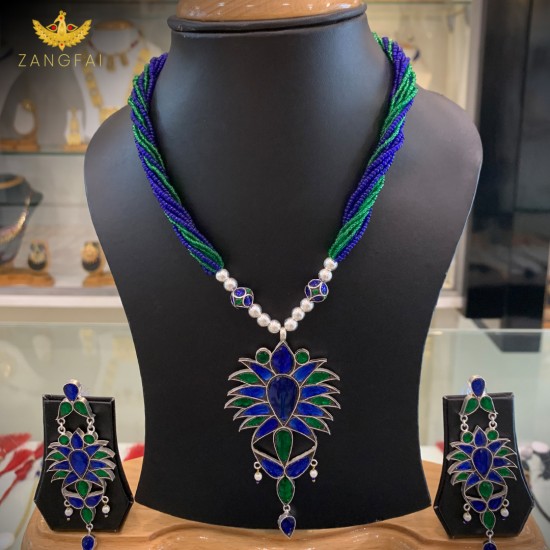 Assamese Traditional  Jethipota Set |Pure Silver | Blue , green and silver