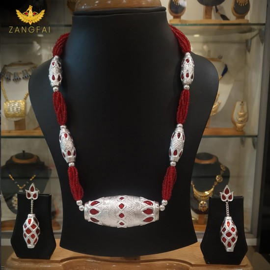 Assamese Traditional Dholbiri set|red and silver |Pure Silver general stones